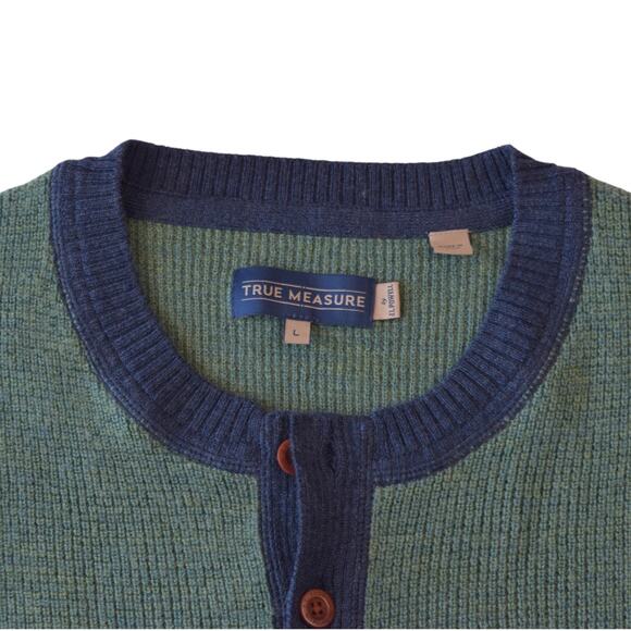 True Measure by J.L. Powell Wool Henley Sweater Green Navy Large - Picture 3 of 4